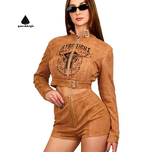Women Brown Suede Like Biker Two Piece Set Graphic Print Cropped Jacket Zipper Shorts Metal Buckle Street Wear