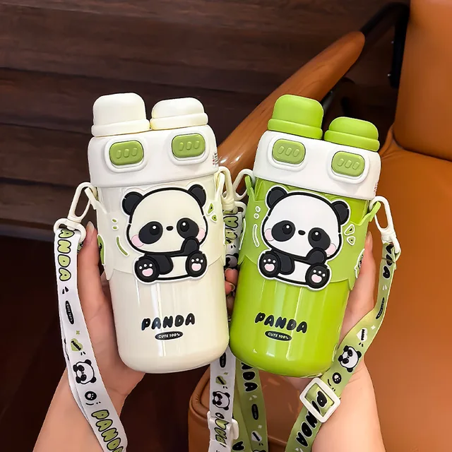 2024 New Panda Cute Large Capacity Double Drinking Straw Stainless Steel Insulated Cup