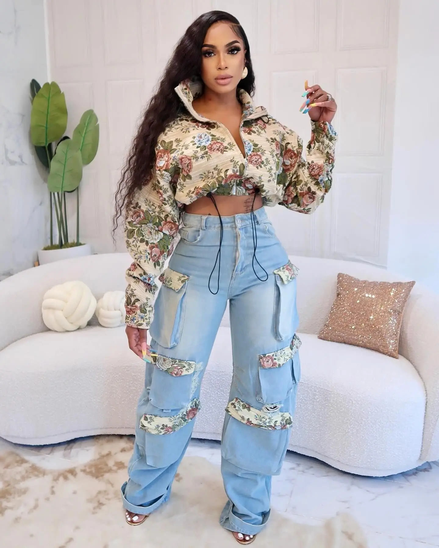 New Fashion Fall Winter Matching Patchwork Crop Floral Jacket Cargo Denim  Jeans Two-Piece Suit Top and Pant Women's Denim Sets