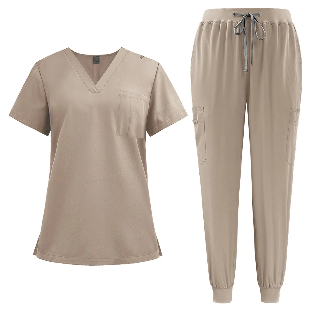 Hospital Uniforms Short Sleeves Nurse Scrubs Sets V-neck Nursing Uniforms Top & Pants with Multi Pocket Summer