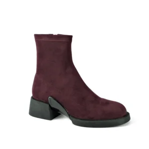 Women's Burgundy Suede Ankle Boots-ZIP Closure 5cm Contrast Heel Trim Chunky Sole Slim-Fit Fashion 2026 Autumn