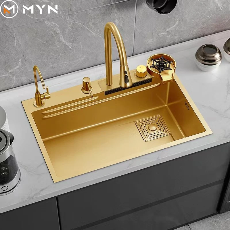 24 30 32 Inch Kitchen Stainless Steel Sink Gold Waterfall Faucet   H80049a3f2ba04b57a4c20ed163966417s 