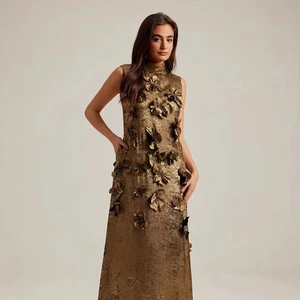 Summer Fashion Luxury 3D Flower Sleeveless Long Women Dress Show Slim Party Gold Evening Dress