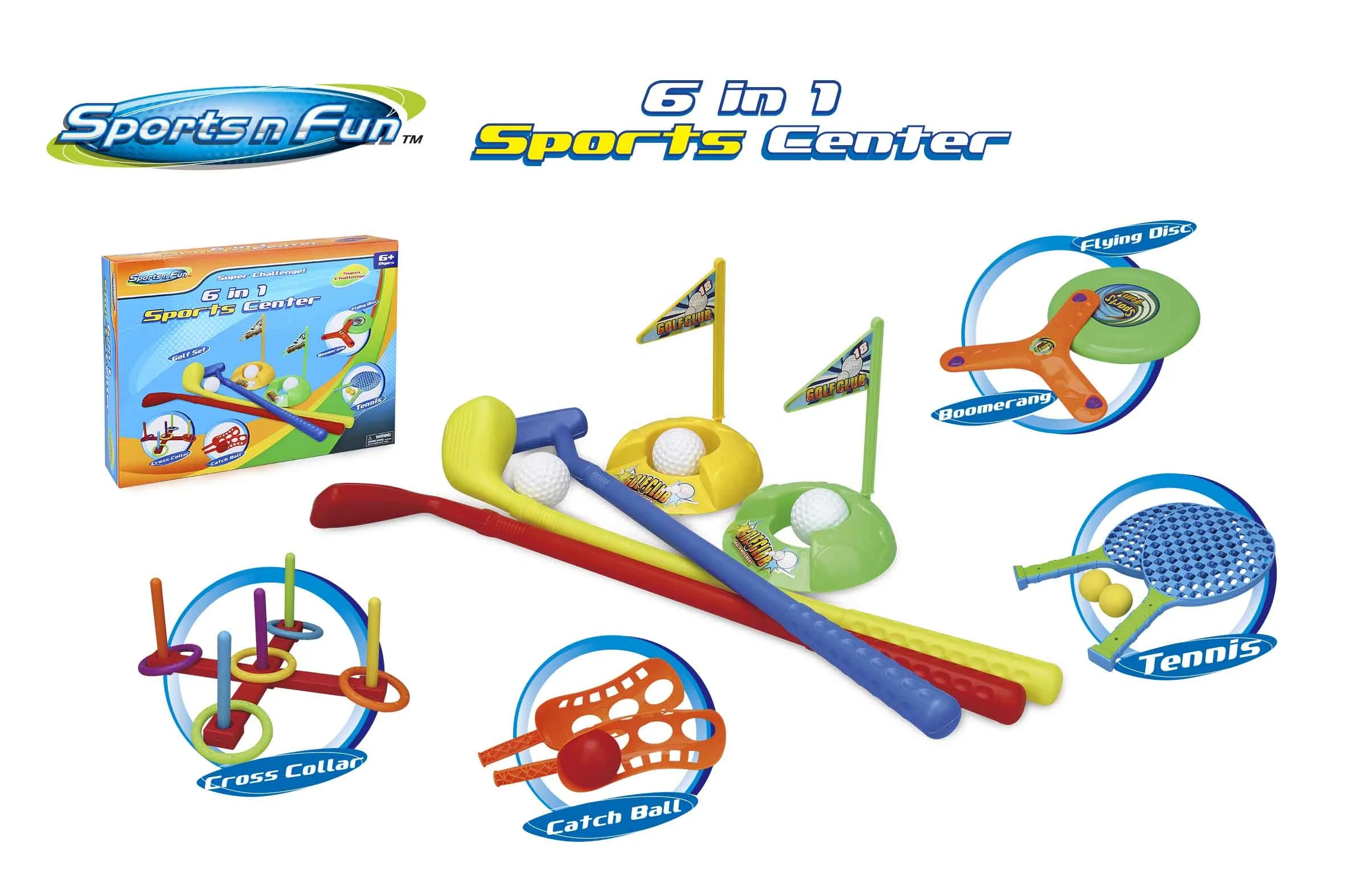 Sports & Fun - 6 in 1 Outdoor Sports Toy Set for Kids Family Fun Tennis Golf Flying Disc Boomerang Cross Collar Catch Ball Game