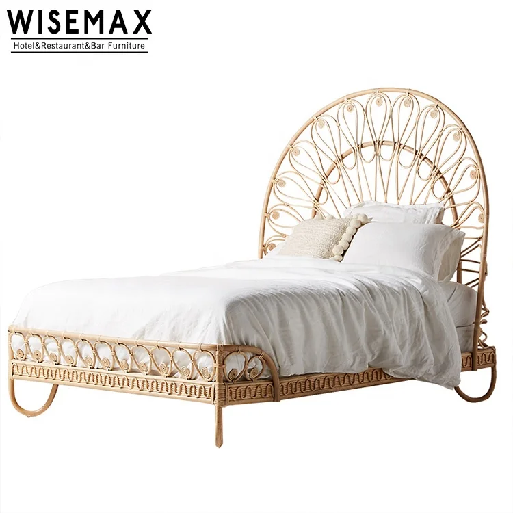 WISEMAX FURNITURE Nature Simple Style King Bed Room Furniture Rattan Wooden Bed Design Bedroom Set Furniture