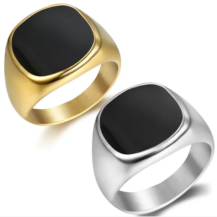 Hip Hop Anello Gold Silver Stainless Steel Finger Pinky Signet Stamp Black  Square Stone Ring for Men