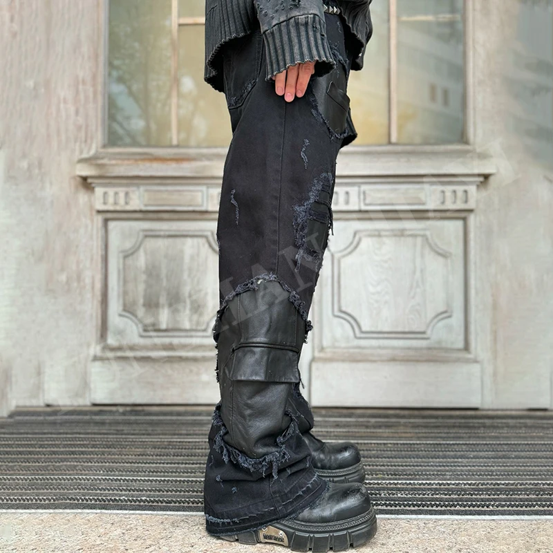 YSJY Manufacturer Custom Wax Leather Patchwork Cargo Denim