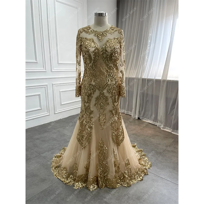 Wholesale African Sequined Lace Appliques Scoop Neckline Evening Dresses Custom Women Long Sleeve Gold Turkey Gowns Elegant 2023 Wholesale African Sequined Lace Appliques Scoop Neckline Evening Dresses Custom Women Long Sleeve Gold Turkey Gowns Elegant 2023