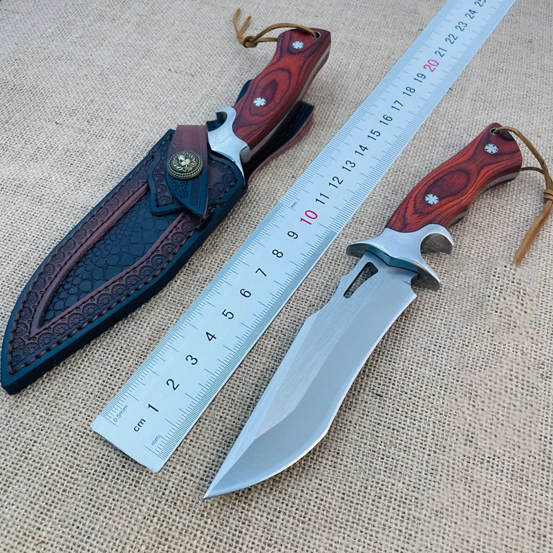 Premium Grade First Polished Hunting Knife with Wood Handle Survival Knife with Leather Sheath M390 Steel Fixed Blade Knife