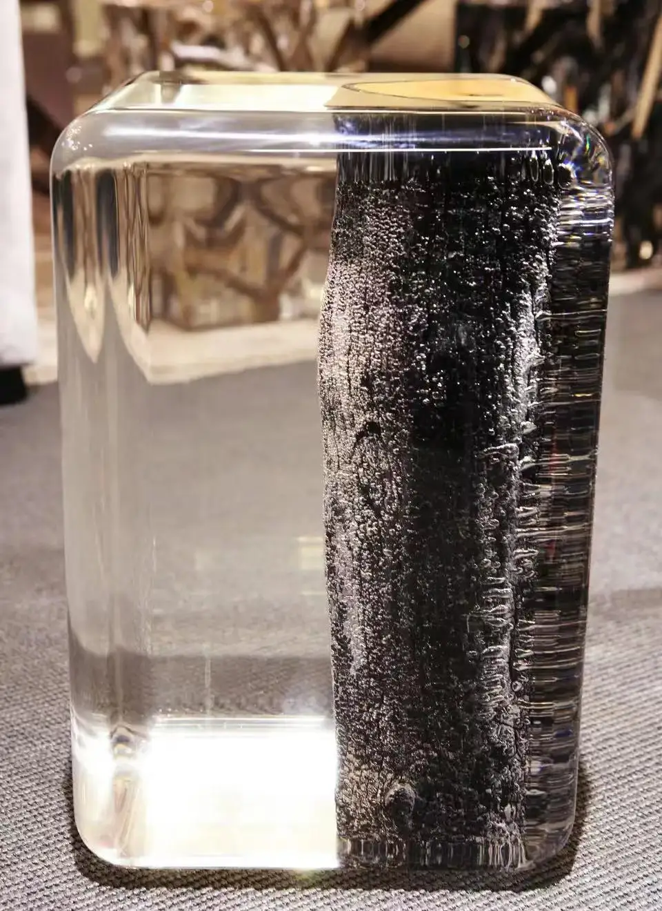 Burnt Trunk Side Table with Acrylic Glass and Burnt Solid Wood  Coffee Table