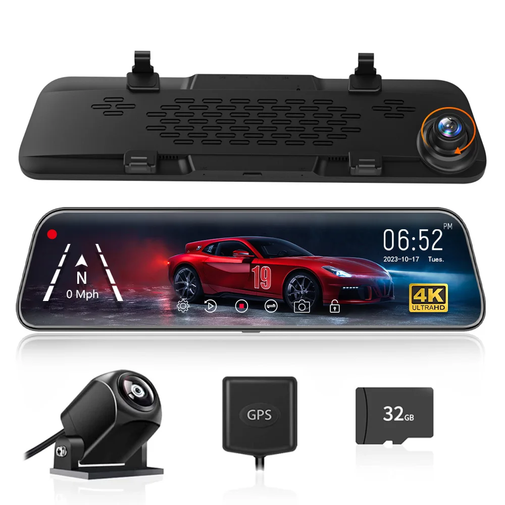 Cámara De Coche WOLFBOX 4K + 1080p - Espejo Retrovisor Con Cámara Trasera Y Visión Nocturna