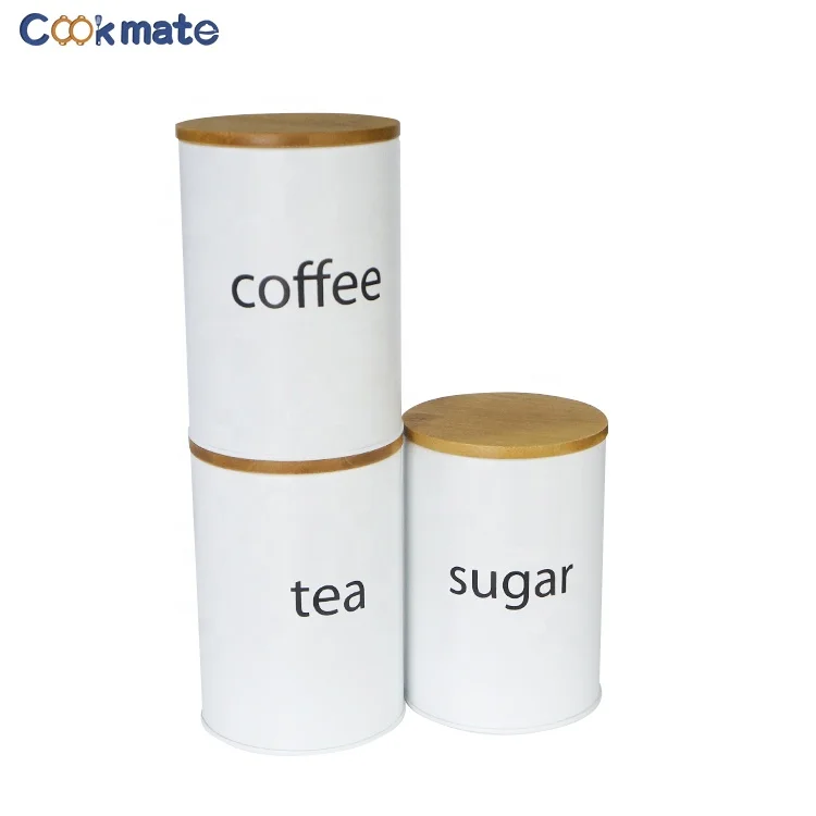 Coffee Tea Sugar Set of 3 Pack Metal Kitchen Canister Set White Food Storing Tin with Bamboo Lid