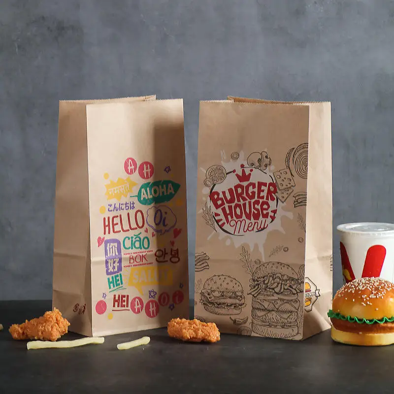 Cheap Price Take Out Restaurant Fast Food Brown Kraft Paper Bags  Boutique Donut Snack Packaging Bags Delivery Custom Printed details