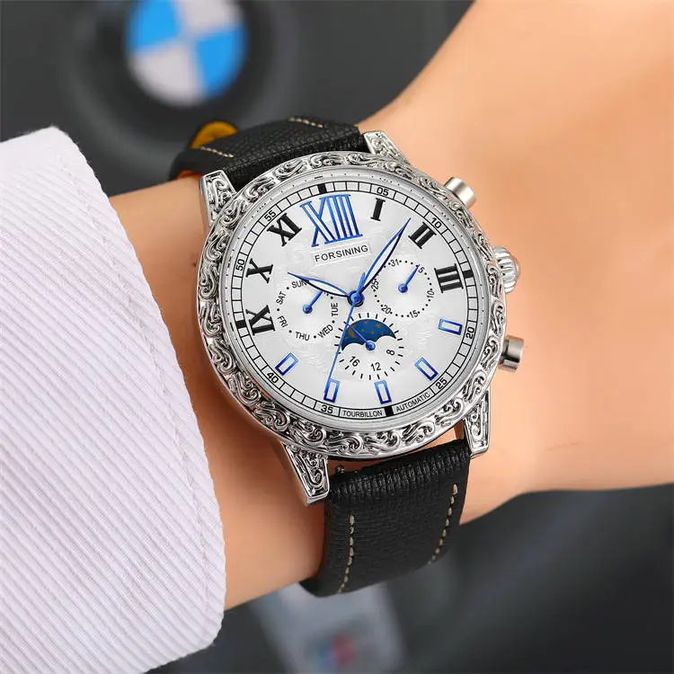 6923 Мужские механические часы из натуральной кожи