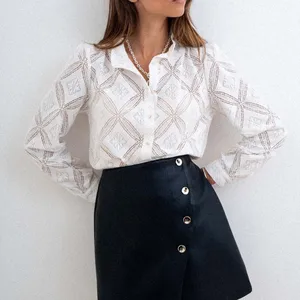 2026 High Quality Long Sleeve Hollow Out Casual Turn-down Collar Single Breasted Long Sleeve Woven Blouse