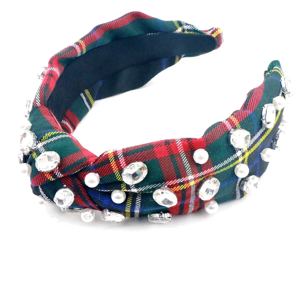Fall Designer England Plaid Fabric Pearl Crystal Top Knottted Headband