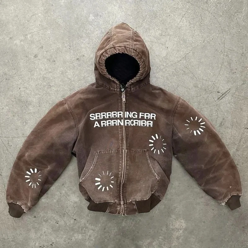 Custom Heavyweight Work Jacket Hooded Zipper up Printed logo Crop Washed Vintage Jacket Hoody Jacket for Men gallery 3