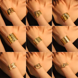 MW Wholesale European American Style Bracelet: 18K Gold-Plated Stainless Steel, Wide Leaf Design, Open & Adjustable