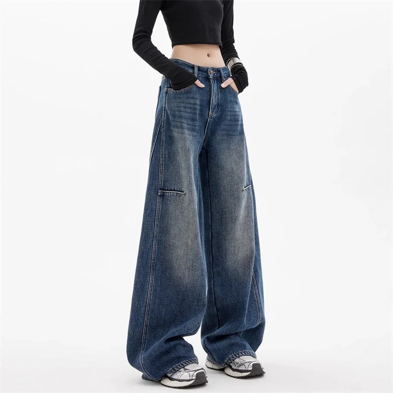 American Style Blue Scimitar High Waist Denim Washed Women's Summer New Loose Floor-length Wide-leg Jeans