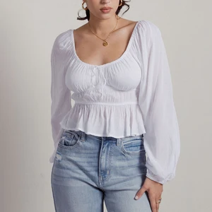 Summer Wholesale square Neck Women Long Sleeve Crop Tops Blouse Custom Smocked Waist Ladies Solid Color White Cotton Crop Top