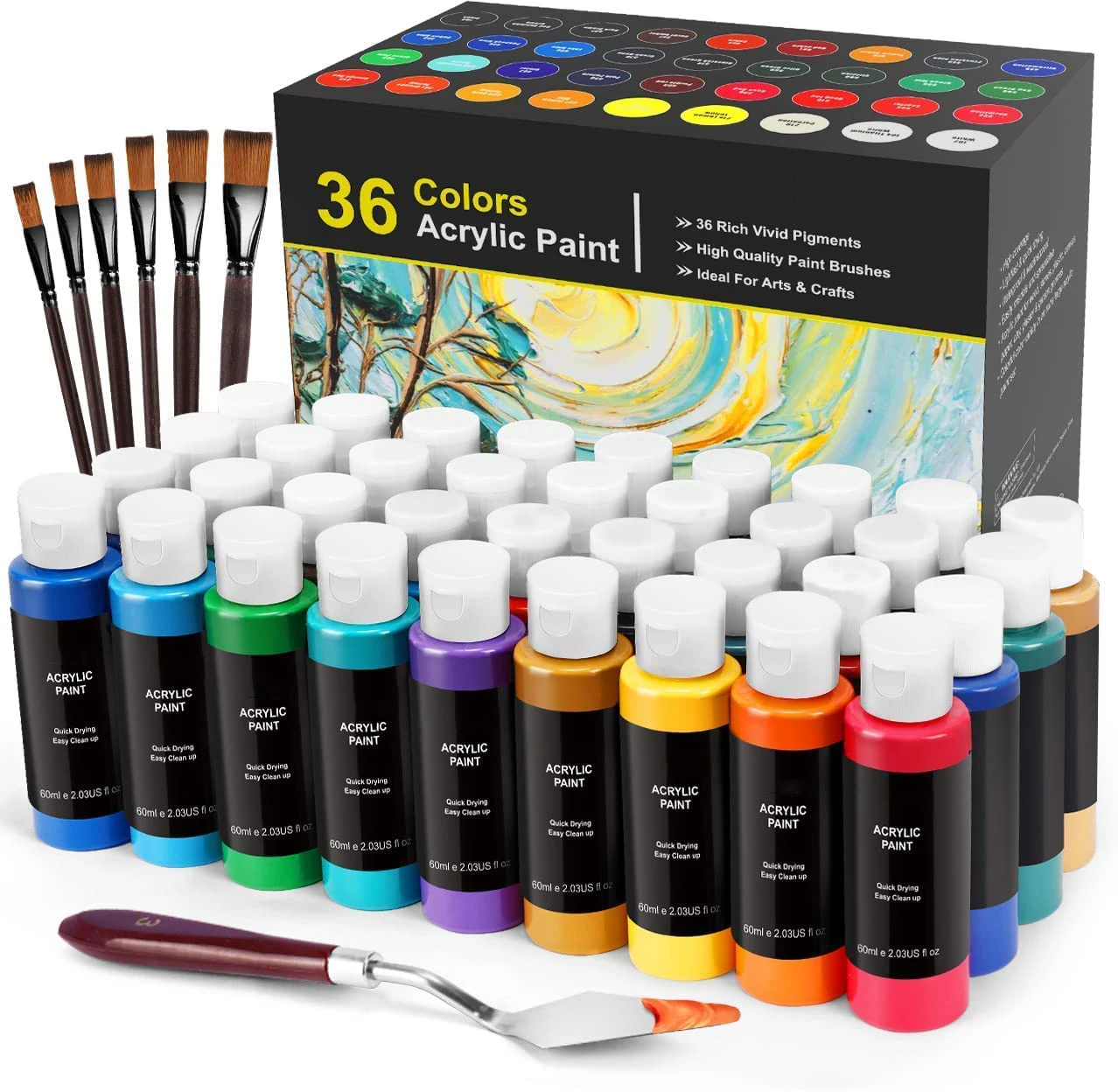 Acrylic Paint 36 Color Painting Supplies Set With 6 Art Brushes Palette