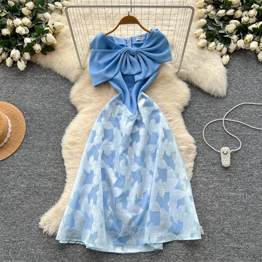 Blue Dresses Women Bow Tie Sheath Party Waisted Party Dresses