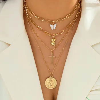 Folding hip hop French suit clavicle chain vintage butterfly cross pendant necklace