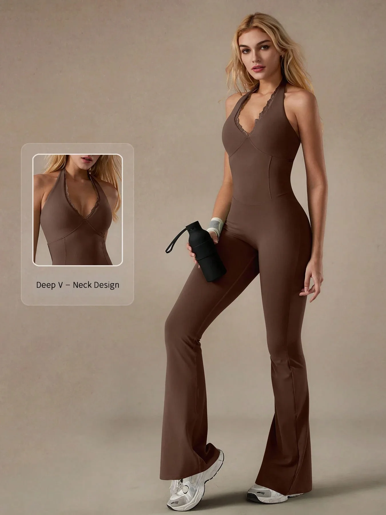 Wholesale Women's Yoga Flare Jumpsuit Chest Pad V-neck Backless Full-Length Lightweight Eco-Friendly Anti-Bacterial Anti-Wrinkle - Image 6
