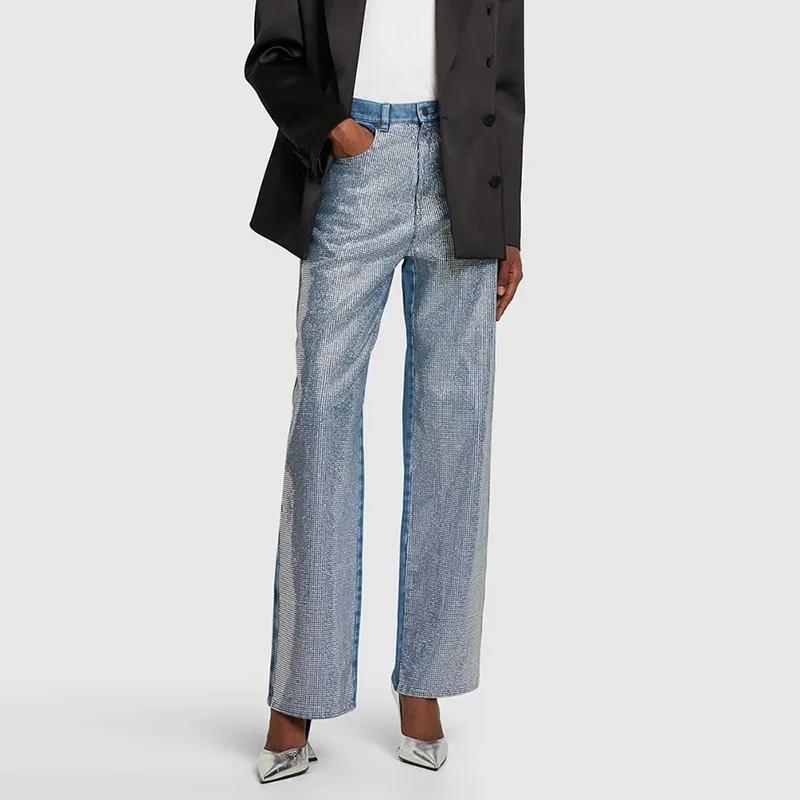 2025 American Hot Girl Style Straight Shiny Diamond Pants Design New Heavy Industry Jeans for Women