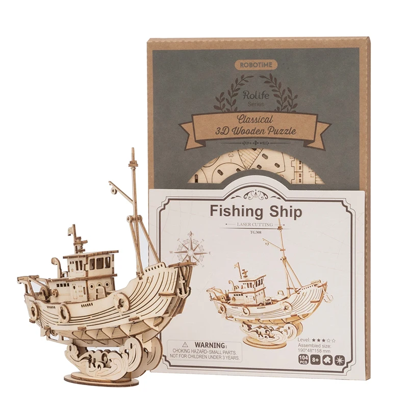 Robotime Rolife Educational Toys DIY Fishing Ship TG308 Model 3D Assembly Wooden Puzzles for Kids