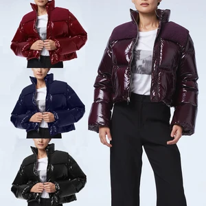 OEM Factory Heavyweight Winter Casual Cropped Bomber Down Coat Women Modest Shiny logo Print Fleece Splice Custom Puffer Jacket