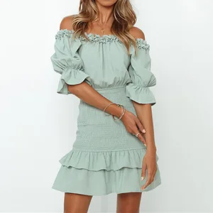 Custom Women's Mint Puff Sleeve Off-Shoulder Shirred Frill Trim Mini Dress Solid Sweet Dress