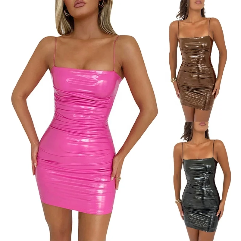 Womens Sexy Spaghetti Straps Ruched Dress Glossy Patent Leather Bodycon