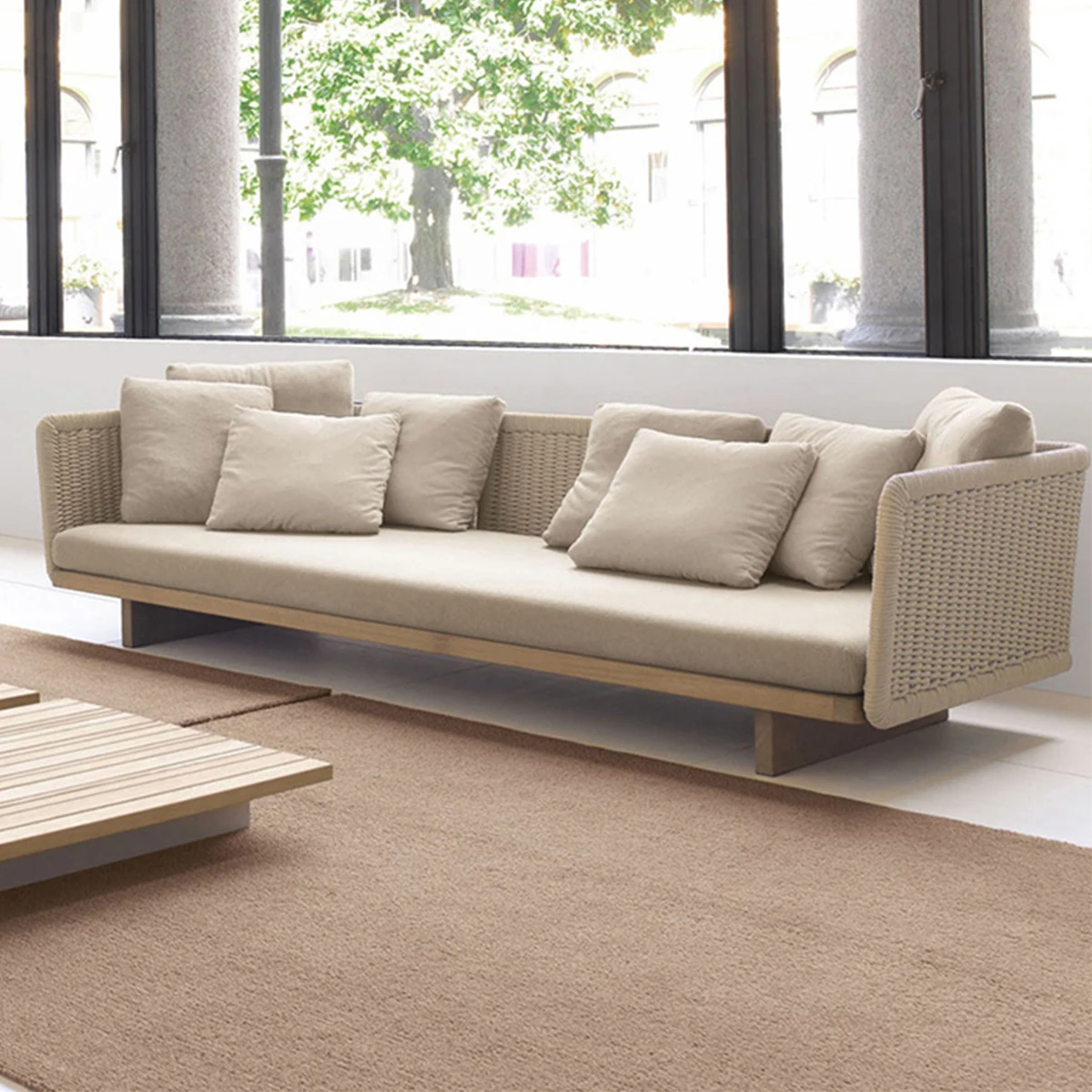 restoration harfware bali l shape exterior veranda patio rattan garden white wicker outdoor furniture sofa