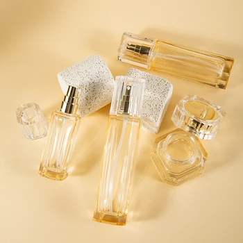 Cosmetic Glass Luxury Body lotion Bottle Rectangular Baby Plastic Gold Cap lotion Vacuum Pump Empty Bottle