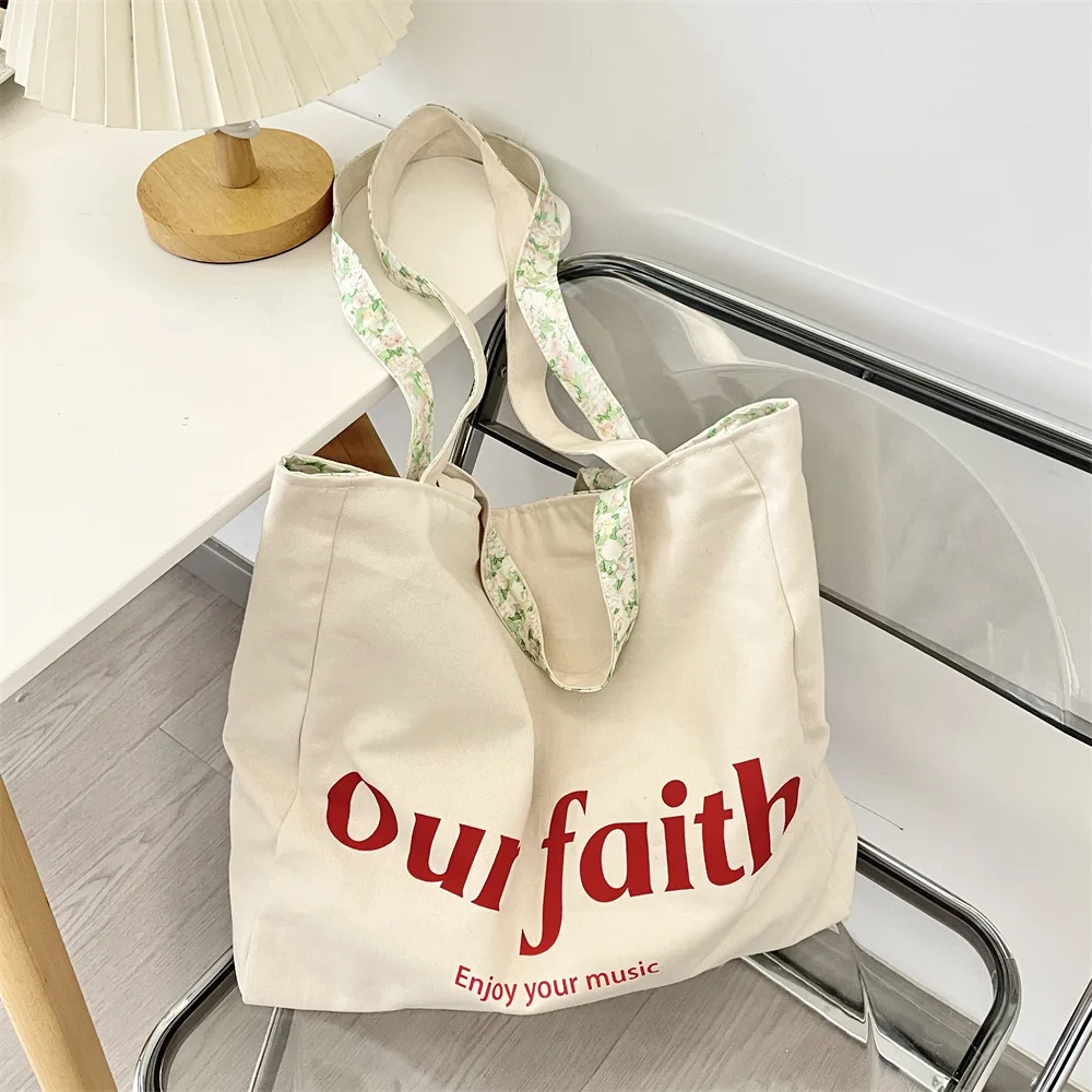 Large Capacity Korean Style Double-Sided Floral Printed Canvas Handbag  Spring Summer Fashionable Beach Bag with Logo Pattern