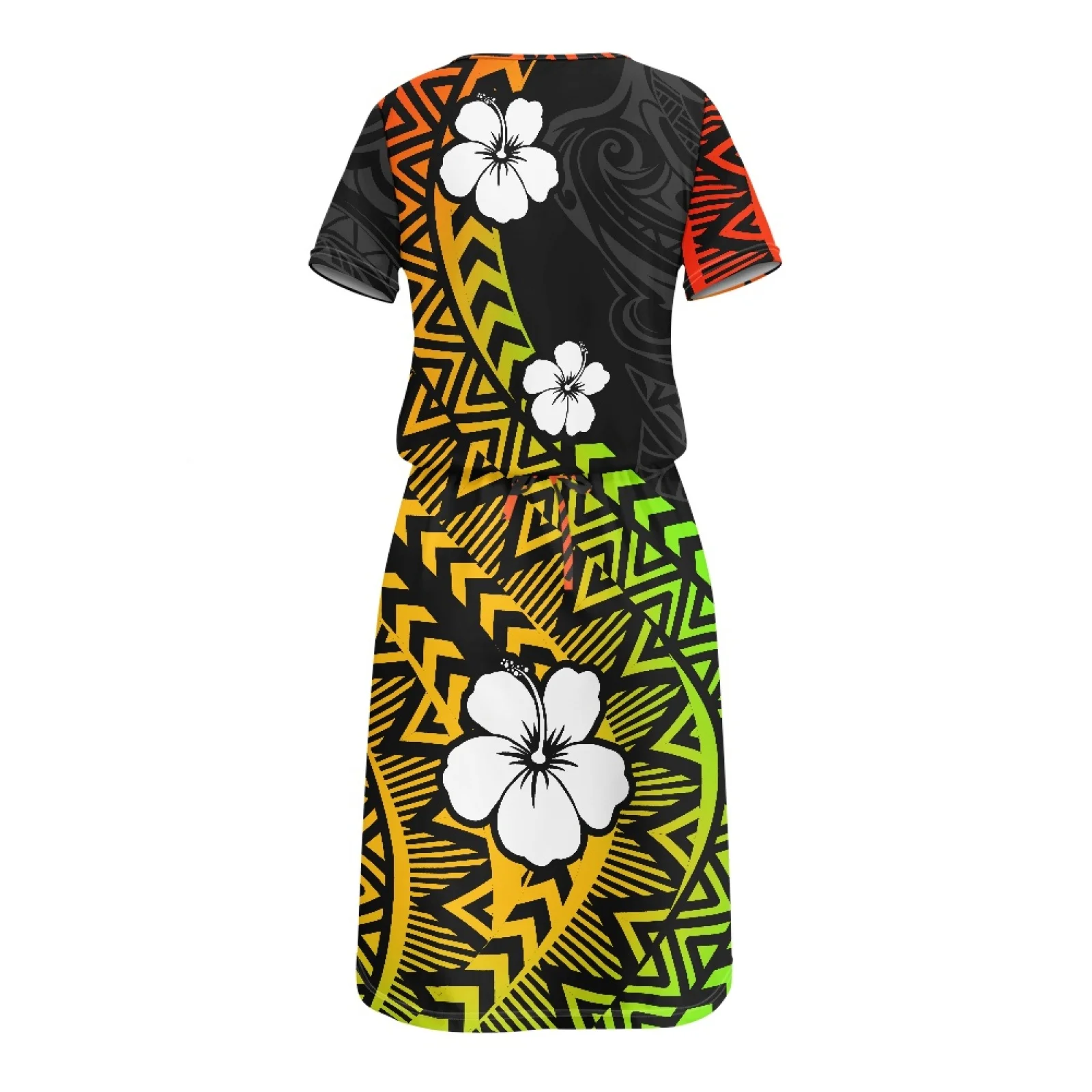 Pacific Island Hawaii Design Women Spring Summer Fall Round Neck Hide Belly  Knee Casual Short Sleeve Printed Dress with Pockets