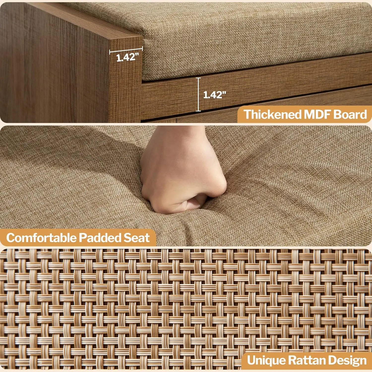 Shoe Bench Entry Bench with Storage Drawer and Linen Seat Cushion Shoe Rack With Shelf Wooden Storage Bench for Hallway Bedroom