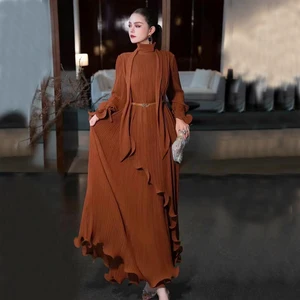 Irregular Long Party Dress 2026 Spring Flare Long Sleeve Design Fashion Turtleneck Loose Belt Lacing up Ruffles Solid Evening