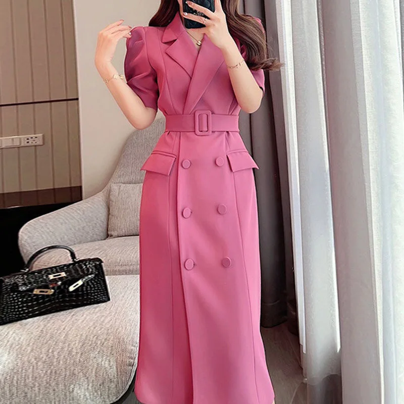 Women Lady Elegant Long Suit Dress Solid Color Lapel Button Belt Short Sleeve Clothes Coat V 8641