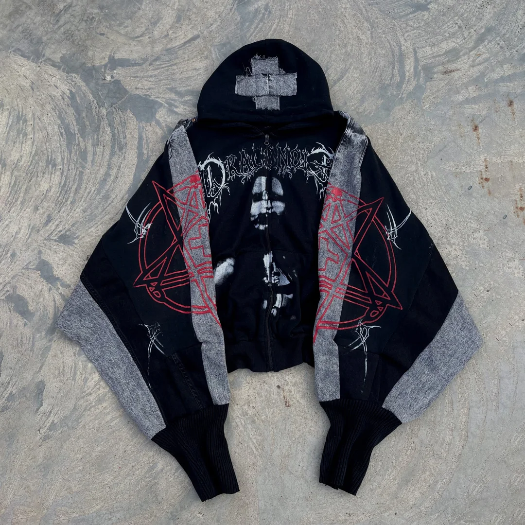 Fabryczna kapturka z nadmiernie dużymi rękawami typu batwing i zamkiem, niestandardowy nadruk sitodrukowy w stylu gotyckim i grunge’owym, streetwearowa kurtka z zamkiem, obsługa OEM