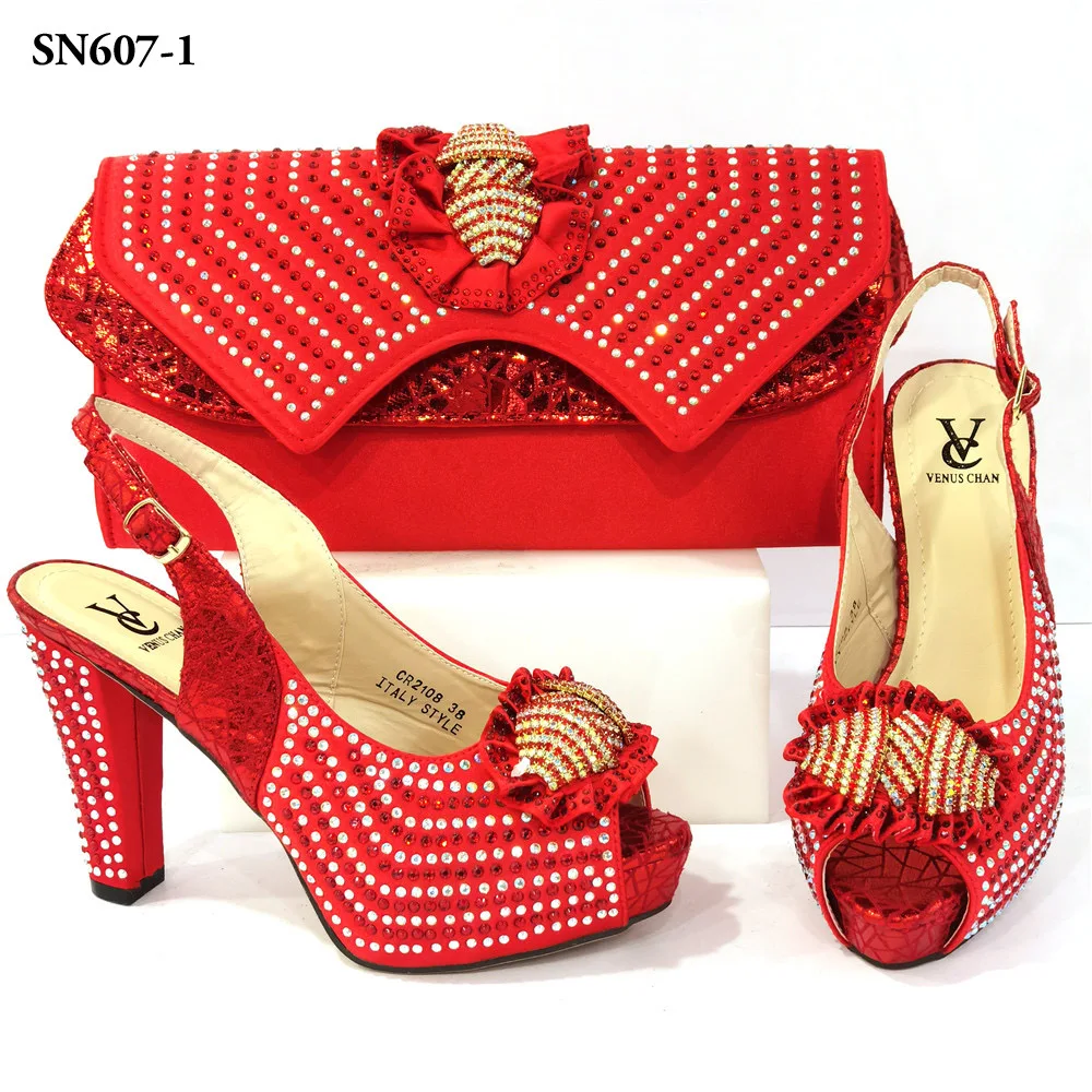 Women Shoes Matching Bag Set with Shinning Crystal with Thin Heels