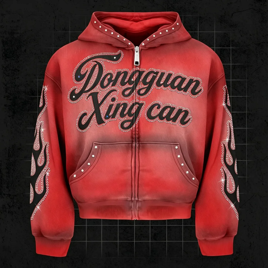 Luxusní customizované streetwearové mužské červené zipové hoodíky s postřikovým potiskem, vintage hip-hop hoodíky s lemováním z křišťálových kamenů a potiskem na hedvábí, 100 % bavlna
