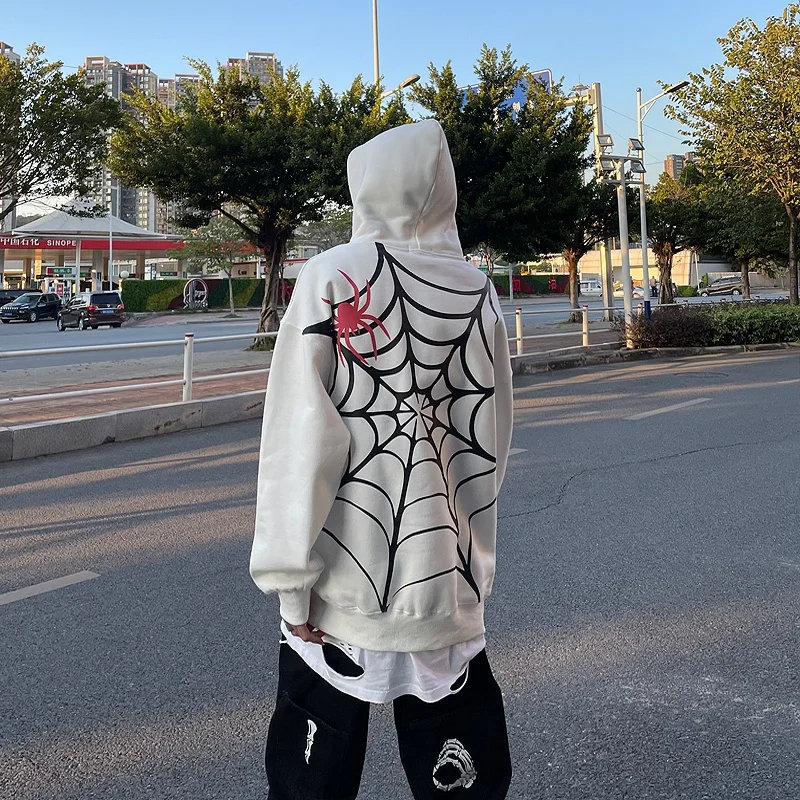 Street Dark Cobweb Print Couple Tops - Vintage Fleece Hoodies