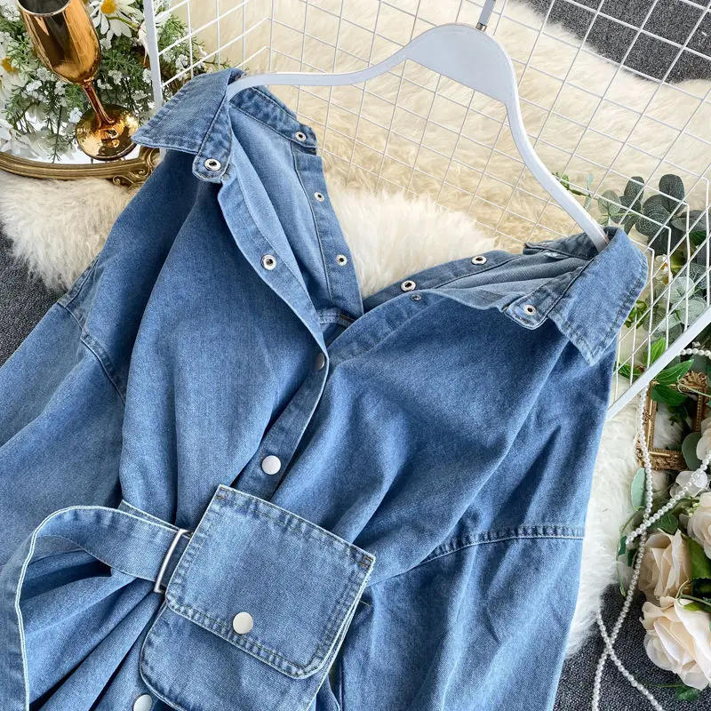 Spring Denim Blouse Jacket Women Denim Shirt Dresses Long Sleeve Distressed Jean Dress Button Down Casual Tunic Top