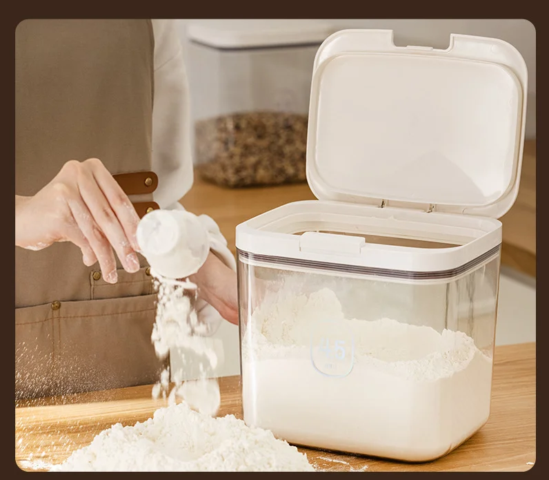 Transparent PET Plastic Food Container with One Press Lid Laundry Powder Box Airtight Food Storage Bin with Measuring Cup