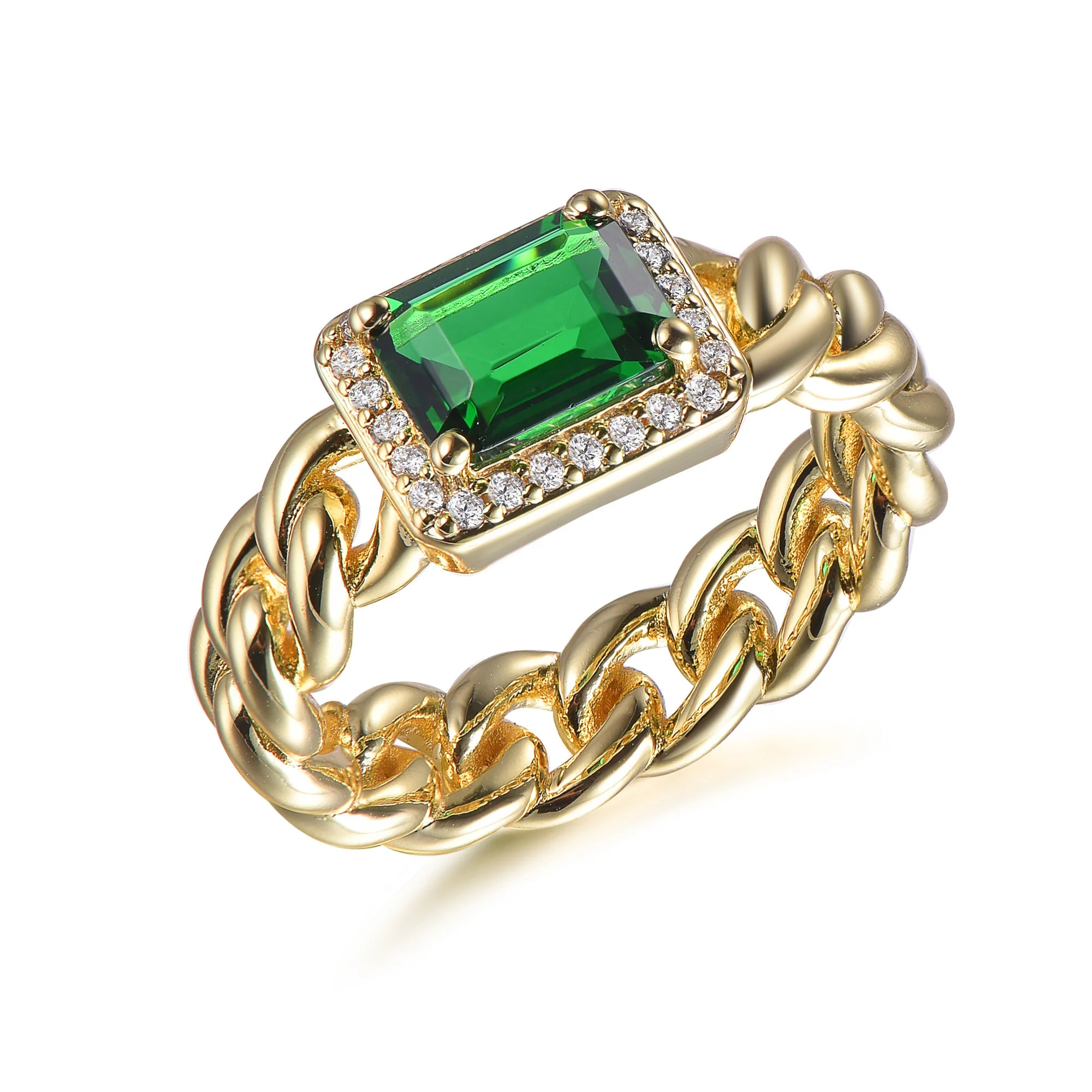 hip hop jewelry 925 sterling silver baguette emerald cz diamond ring for women 18k gold plated ring men cuban chain ring