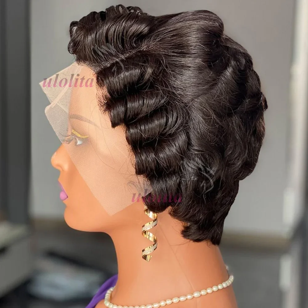 Burgundy 99J Red Color Lace Front Short Bob Wig Human Hair Pre Cut Loose Bouncy Wave Pixie Cut Frontal Wigs Preplucked_voghion.com