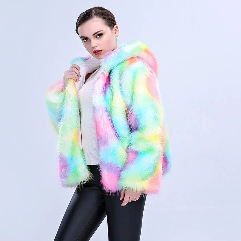 Feminine 2022 Autumn Winter New Rainbow Color Furry Fur Coat Women's  Artificial Wool Streetwear Temperament Warm Short Jacket