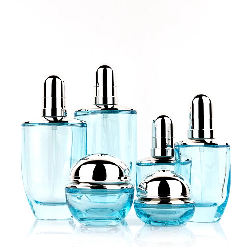 50ml 30ml  luxury clear blue cosmetic face lotion cream glass bottle jar packaging set with pump